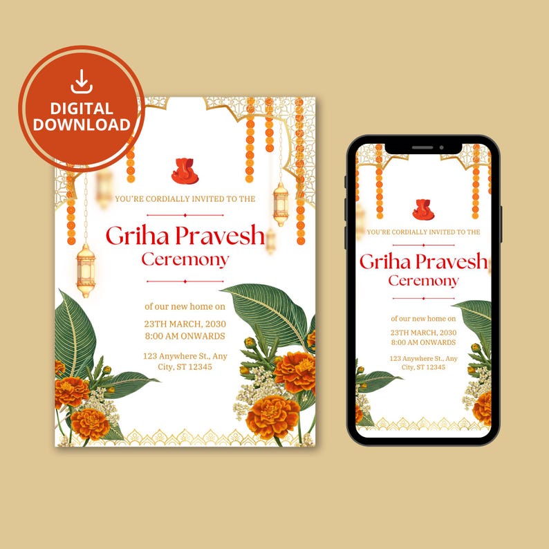 May include: A digital invitation for a Griha Pravesh ceremony. The invitation features a white background with gold accents, orange flowers, and green leaves. The text reads "You're cordially invited to the Griha Pravesh Ceremony of our new home on 23th March, 2030 8:00 AM onwards 123 Anywhere St., Any City, ST 12345".