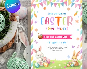 Editable Easter Egg Hunt Invitation, Bunny Party Invite (Canva Template)