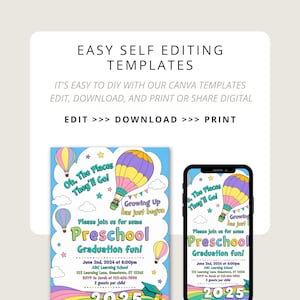Puede incluir: Una plantilla de invitaci&oacute;n digital para la graduaci&oacute;n de preescolar, con globos aerost&aacute;ticos coloridos, estrellas y el texto "Preschool Graduation fun!". El dise&ntilde;o incluye el texto "Oh, The Places They'll Go!" y "Growing Up has just begun."