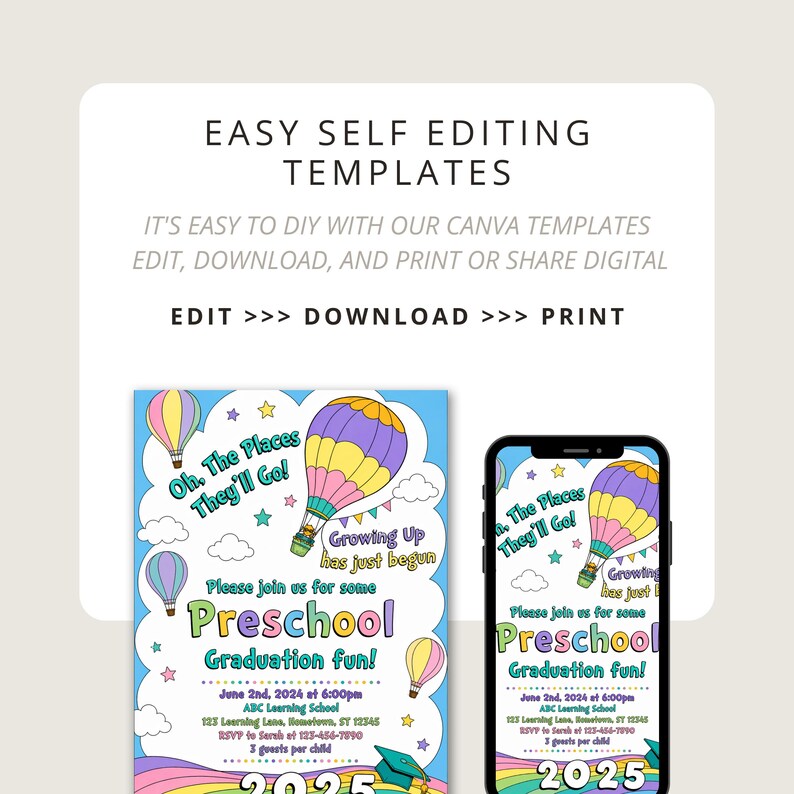 Puede incluir: Una plantilla de invitaci&oacute;n digital para la graduaci&oacute;n de preescolar, con globos aerost&aacute;ticos coloridos, estrellas y el texto "Preschool Graduation fun!". El dise&ntilde;o incluye el texto "Oh, The Places They'll Go!" y "Growing Up has just begun."