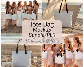 Paquete de maquetas de bolsos de mano para damas de honor en la playa, plantilla PSD de lienzo (descarga digital)