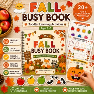 Puede incluir: Un libro de actividades otoñales con espiral para niños de 2 a 5 años, con una portada que muestra un oso, un zorro y un mapache. Incluye páginas imprimibles para recortar, emparejar hojas, contar manzanas y crear caras de calabaza con velcro.