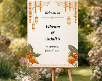 Plantilla de cartel de bienvenida para boda india, decoración hindú floral con caléndulas (descarga digital)