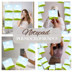 May include: A mockup bundle featuring a notepad with a landscape image and cloud design. The image includes multiple photos of people holding the notepad. The text "Notepad PLR MOCKUP BUNDLE" is displayed in the center.