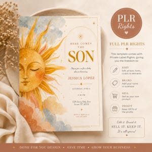 Plantilla PLR para invitación de baby shower "Here Comes the Son", invitación editable Sunshine Canva, descarga digital para baby shower estilo boho.