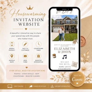 Op de afbeelding: Een digitaal website-ontwerp voor een housewarming-uitnodiging. Het ontwerp bevat een smartphone met een foto van een stel voor hun nieuwe huis. De uitnodiging bevat de tekst "Elizabeth & Jhon" en "We got the keys".