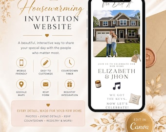Housewarming Digital Invitation Template | Editable Canva Website Invite with RSVP, Countdown, QR Code, Directions & Music