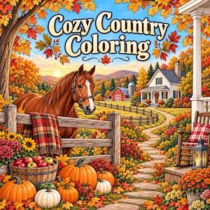 Målarbok för mysig höst på landet, 30 utskrivbara målarbilder för vuxna och tonåringar, digital nedladdning av bondgårdshästhöst