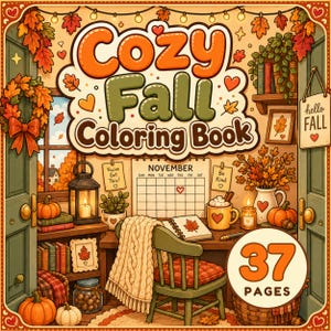 Peut inclure: Une couverture de livre de coloriage intitulée Cozy Fall Coloring Book avec 37 pages. L'illustration montre une pièce chaleureuse avec un calendrier de novembre, un bureau, une chaise avec un jeté en tricot, des citrouilles et des feuilles.