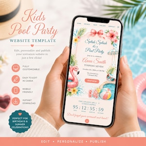 May include: A smartphone displaying a Kids Pool Party website template with watercolor illustrations of a pink flamingo float, tropical flowers, and a beach ball. The screen shows text including Splish Splash it's a Pool Party, Anna Smith, and a countdown timer.