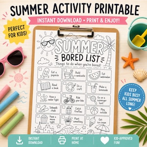 May include: A printable summer activity checklist on a clipboard titled Summer Bored List with checkboxes and illustrations of a sun, palm tree, popsicle, sandcastle, watermelon, book, art palette, lemonade, bicycle, magnifying glass, and ice cream.