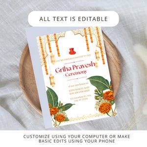 May include: A printable invitation for a Griha Pravesh ceremony. The invitation features a traditional Indian design with orange and gold accents. The text reads "You're cordially invited to the Griha Pravesh Ceremony of our new home on 23th March, 2030 8:00 AM onwards 123 Anywhere St., Any City, ST 12345".