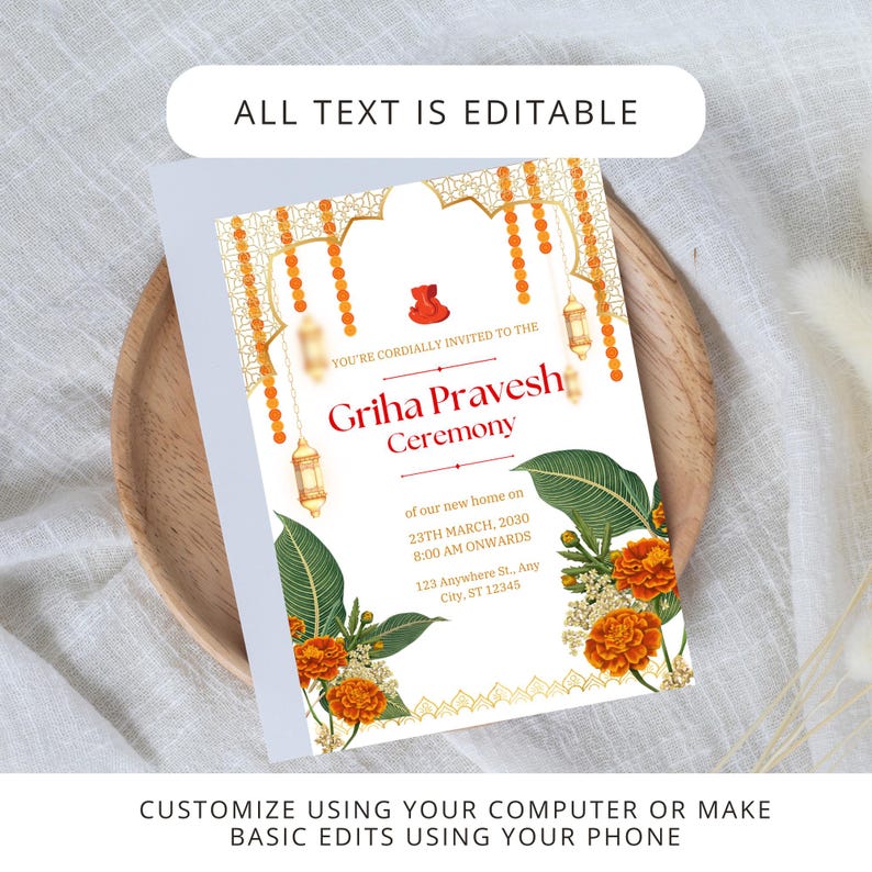 May include: A printable invitation for a Griha Pravesh ceremony. The invitation features a traditional Indian design with orange and gold accents. The text reads "You're cordially invited to the Griha Pravesh Ceremony of our new home on 23th March, 2030 8:00 AM onwards 123 Anywhere St., Any City, ST 12345".