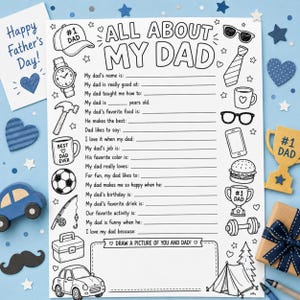 Op de afbeelding: Een wit papieren activiteitenblad met de titel All About My Dad met zwarte lijntekeningen waaronder een honkbalpet, horloge, hamer, mok, voetbal, hengel, gereedschapskist, auto, zonnebril, stropdas, bril, telefoon, hamburger, beker en tent.