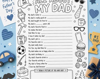 All About My Dad Printable Questionnaire, Father's Day Coloring Page for Kids, Dad Interview Worksheet, Fill In The Blank Activity, PDF