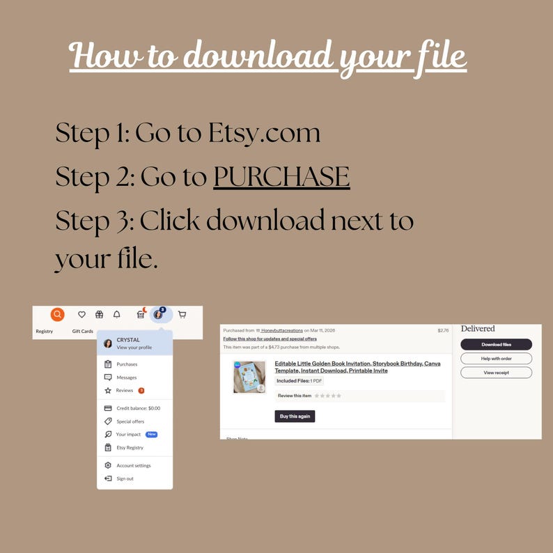 Puede incluir: Una captura de pantalla que muestra instrucciones sobre c&oacute;mo descargar un archivo de Etsy. El texto dice: Paso 1: Ve a Etsy.com, Paso 2: Ve a COMPRAR, Paso 3: Haz clic en descargar junto a tu archivo. La imagen tambi&eacute;n muestra una confirmaci&oacute;n de compra.