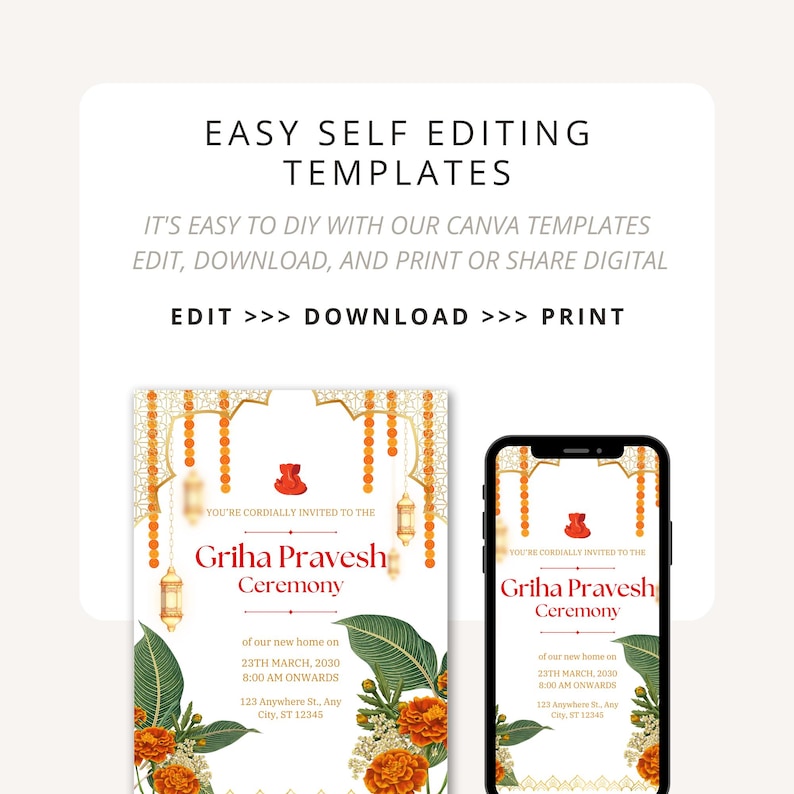 May include: A digital invitation template for a Griha Pravesh ceremony. The template features a white background with gold and orange accents, and a floral design. The text "You're cordially invited to the Griha Pravesh Ceremony" is displayed in a bold font.