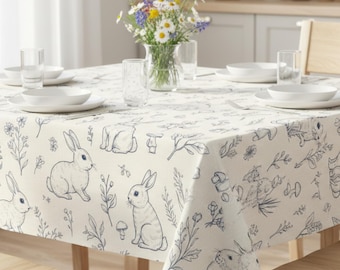 Cottagecore Bunny Tablecloth, Blue Floral Print, Spring Farmhouse Decor