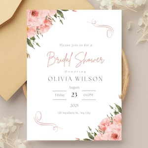 Invitación floral rosa para despedida de soltera: Fiesta de jardín bohemia (patrón PDF)
