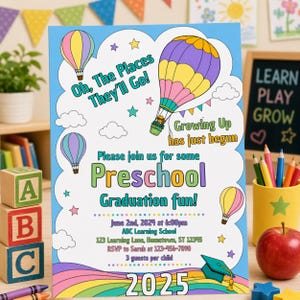 This image shows a colorful preschool graduation invitation template inspired by the “Oh The Places You’ll Go” theme. The design features pastel hot air balloons, clouds, stars, and a rainbow at the bottom with “2025” text. The invitation includes playful, kid-friendly fonts and bright colors, making it perfect for preschool, pre-k, or kindergarten graduation parties. this editable Canva template is ideal for both boys and girls and is available as a PLR product for commercial use.