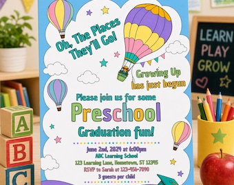 Plantilla de invitación de graduación preescolar / Tema «Oh, los lugares a los que irás» / Invitación de graduación de preescolar y jardín de infancia / Canva editable / PLR