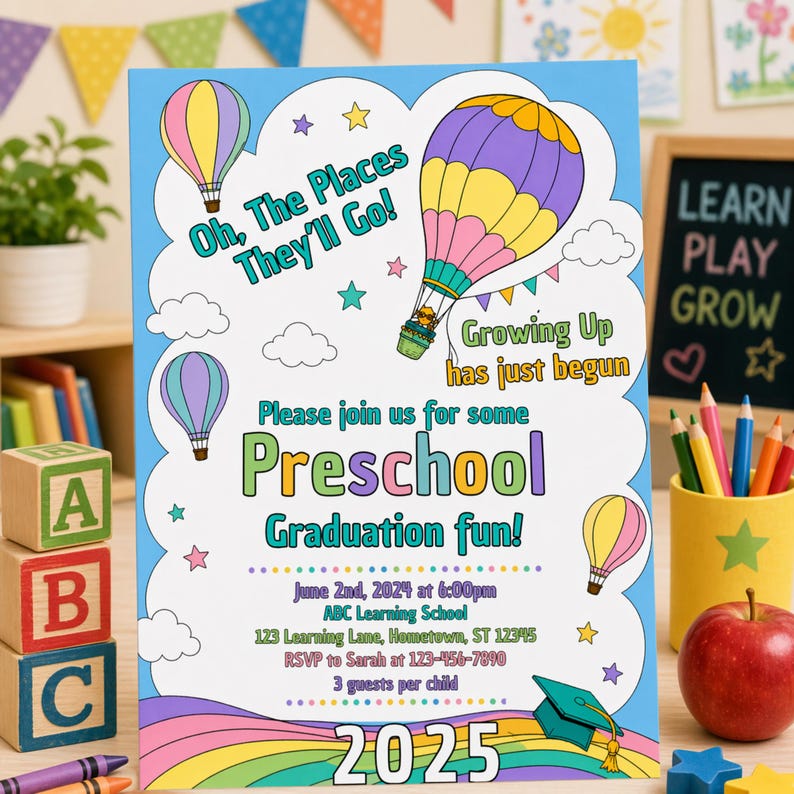 This image shows a colorful preschool graduation invitation template inspired by the “Oh The Places You’ll Go” theme. The design features pastel hot air balloons, clouds, stars, and a rainbow at the bottom with “2025” text. The invitation includes playful, kid-friendly fonts and bright colors, making it perfect for preschool, pre-k, or kindergarten graduation parties. this editable Canva template is ideal for both boys and girls and is available as a PLR product for commercial use.