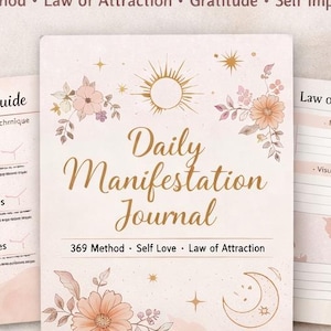 May include: A collection of printable journals and workbooks for self-love and manifestation. The central journal is titled "Daily Manifestation Journal" with floral and celestial illustrations. Other titles include "Self Love Planner," "Gratitude Journal," and "Vision Board."