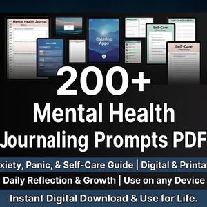 Puede incluir: Descarga digital con más de 200 indicaciones de diario de salud mental en formato PDF. La imagen muestra varios dispositivos digitales que muestran páginas de diario, aplicaciones relajantes y listas de verificación de autocuidado. El texto incluye "Guía de ansiedad, pánico y autocuidado".