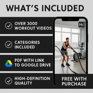 Preview image showing what’s included in the 3000+ Fitness and Gym Workout Videos bundle: full HD workout videos, organized categories, easy Google Drive access, and high-quality content for social media. Perfect for TikTok, Instagram, YouTube, and Canva editing. Designed for influencers, gym owners, trainers, and creators looking for ready-to-use content to save time.