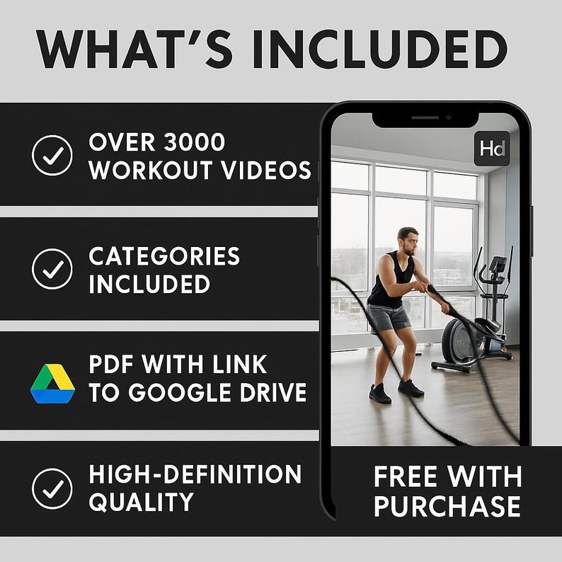 Preview image showing what’s included in the 3000+ Fitness and Gym Workout Videos bundle: full HD workout videos, organized categories, easy Google Drive access, and high-quality content for social media. Perfect for TikTok, Instagram, YouTube, and Canva editing. Designed for influencers, gym owners, trainers, and creators looking for ready-to-use content to save time.