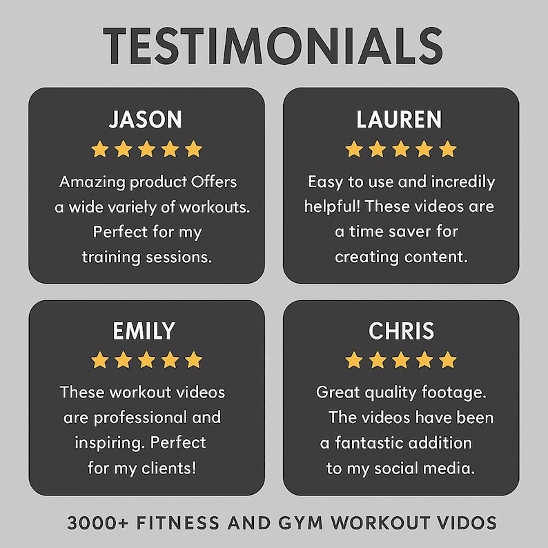 Customer testimonials and reviews image for 3000+ Fitness and Gym Workout Videos bundle. Includes 5-star ratings and quotes praising quality, ease of use, and time-saving value. Designed to build trust and social proof for Etsy buyers, showing how other creators and trainers successfully used the fitness video bundle to grow their brand.