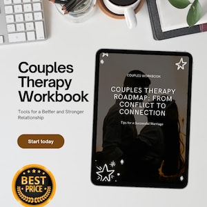 May include: A digital tablet displaying a couples therapy workbook cover with the title "Couples Therapy Roadmap: From Conflict to Connection". The cover features a silhouette of a couple embracing and the text "Couples Workbook" in a white box at the top.