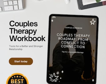 Puede incluir: Una tableta digital que muestra la portada de un cuaderno de trabajo de terapia de pareja con el título "Couples Therapy Roadmap: From Conflict to Connection". La portada presenta una silueta de una pareja abrazándose y el texto "Couples Workbook" en un cuadro blanco en la parte superior.