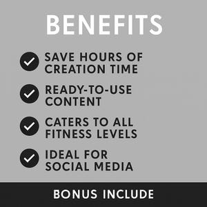 Benefits of 3000+ Fitness and Gym Workout Videos bundle displayed in professional banner. Key points: save hours of filming, boost engagement with proven scroll-stoppers, ready-to-use for TikTok and Instagram Reels, ideal for beginners and pros, grow brand faster. Clear infographics highlight advantages for coaches, influencers, fitness businesses, and content creators.