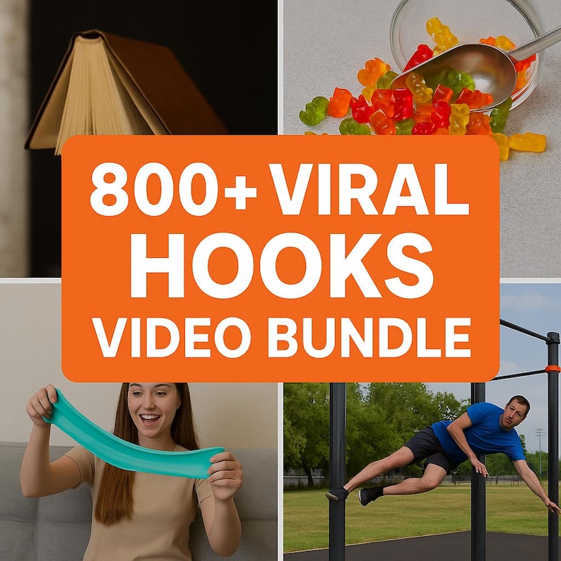 Cover image showing "800+ Viral Video Hooks Bundle" in bold text, surrounded by mobile screen previews with attention-grabbing video stills. Ideal for social media content creators on TikTok, Reels, and YouTube Shorts. Highlights bundle size, 4K quality, and instant download, designed to attract users who want scroll-stopping videos to boost views and engagement.