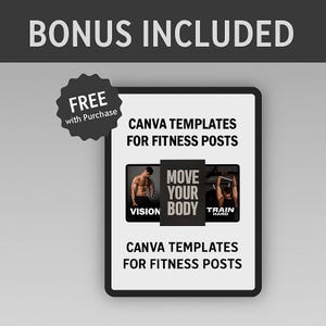 Bonus Included preview for 3000+ Fitness and Gym Workout Videos bundle. Canva Templates for Fitness Posts included free with purchase, helping creators customize and brand their workout videos quickly. Eye-catching image design highlights extra value, increasing conversion rates and demonstrating why this bundle is an all-in-one content solution.
