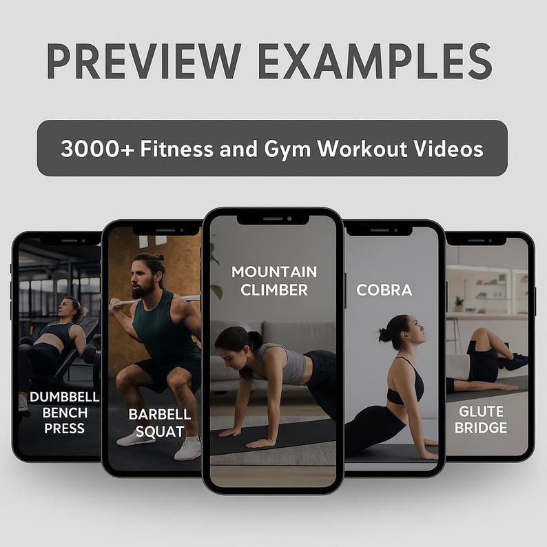 Preview examples of 3000+ Fitness and Gym Workout Videos displayed in smartphone mockups. Clear demonstration of high-quality HD content designed for TikTok, Instagram Reels, and YouTube Shorts. This image showcases professionalism, diversity, and visual appeal, helping buyers see exactly what they will get inside this valuable fitness bundle.