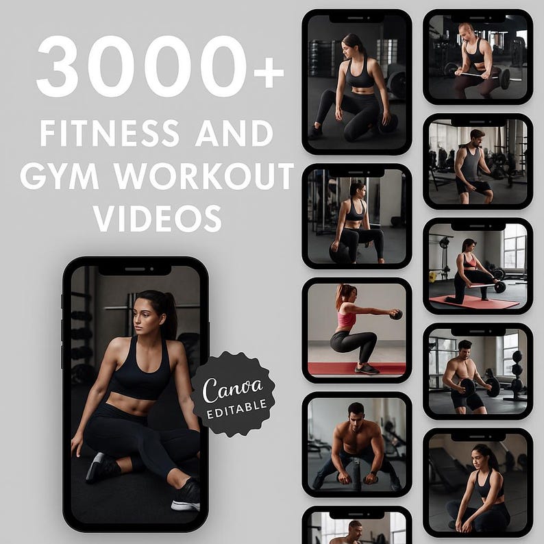 3000+ Fitness and Gym Workout Videos bundle thumbnail, professional mockup showing smartphone reels. Perfect digital product for fitness creators, coaches, influencers, and personal trainers. High-quality HD clips ready for TikTok, Instagram Reels, YouTube Shorts. Eye-catching design emphasizes workout variety and huge value, ideal for growing fitness brand and passive income.