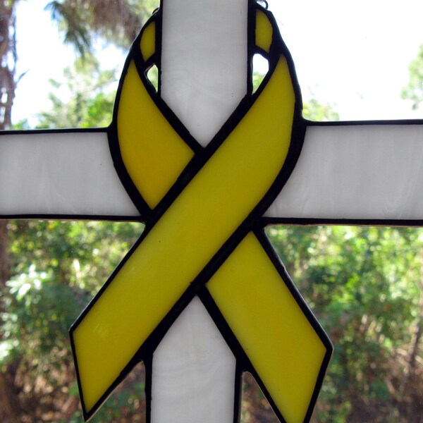 Yellow Remembrance Ribbon On White Cross