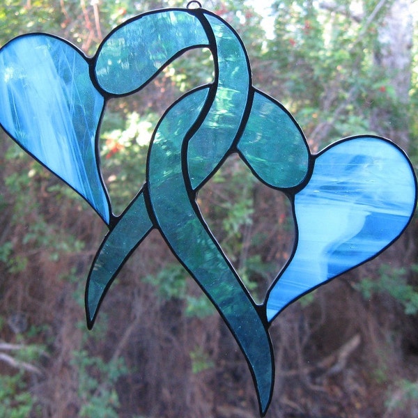 Double Turquoise Intertwined Valentine Hearts Stained Glass Suncatcher