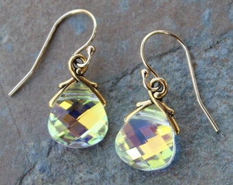 Aurora Borealis Crystal Gold Earrings - yellow briolette crystal - color changing Swarovski crystals - free shipping in USA