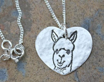 Alpaca Love Necklace - handmade fine silver heart charm with a cute alpaca face on sterling curb chain - Pet, Farm - free shipping USA