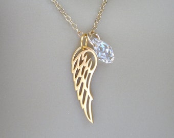 Angel wing and crystal teardrop necklace - 22k gold plated angel wing charm and birthstone Swarovski crystal - memorial charm