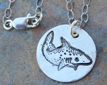 Shark necklace - handmade fine silver hammered disc charm on oxidized textured sterling silver chain - ocean fish - free shipping USA