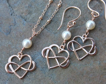 Love You Forever Necklace + Earring Set- rose gold infinity sign + heart on rose gold filled necklace & hooks w/ Swarovski cream rose pearls