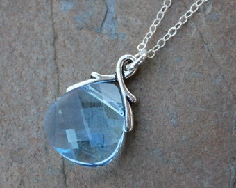 Aquamarine crystal briolette necklace - light aqua blue Swarovski faceted crystal on sterling silver chain - free shipping USA