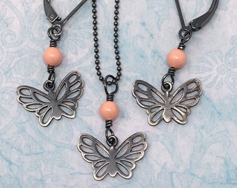 Antiqued Silver Butterfly Necklace + Earring Set - Coral Pink Swarovski Faux Pearls - shiny black sterling silver chain & lever back hooks