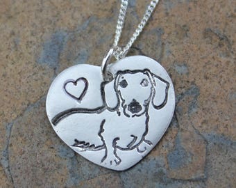 Dachshund Love Necklace - handmade fine silver heart charm with a cute wiener dog on sterling curb chain - Pet, Dog - free shipping USA