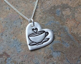 I love coffee I love tea - handmade fine silver heart charm with a steaming teacup on sterling curb chain- free shipping USA