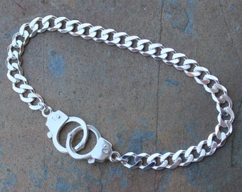 Handcuffs Sterling Silver Charm Bracelet- Heavy Solid Flat Curb Chain, Hand Cuff Clasps - Mannen en vrouwen- Helder, Zwart of Antiek Sterling